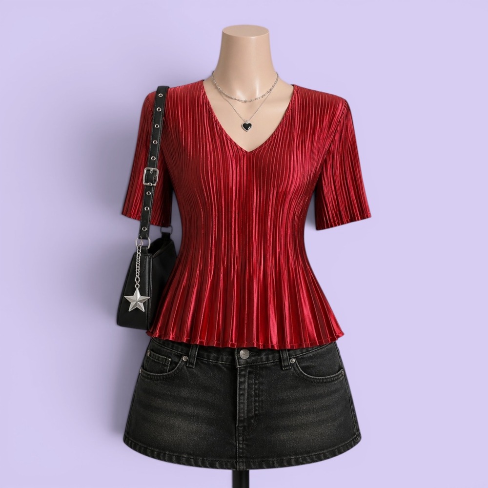 Mini Pleats Vintage Y2K Red Pleated V-Neck Top Elbow Sleeve Metallic Women's S